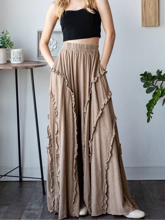 Oli & Hali Pants - Oli & Hali Taupe Wide Leg Ruffle Pants
